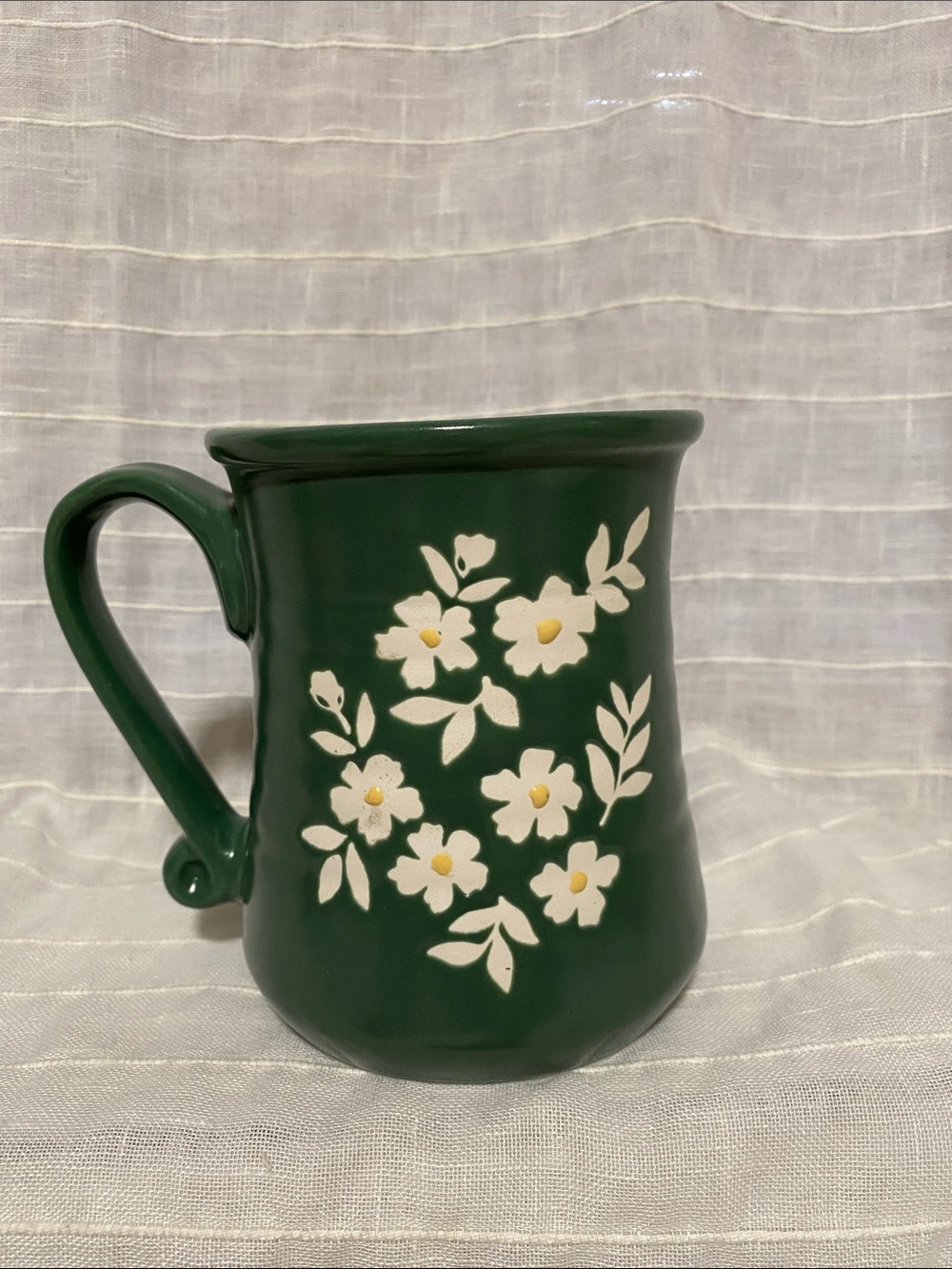 Green Floral pottery Mug with White Flowers